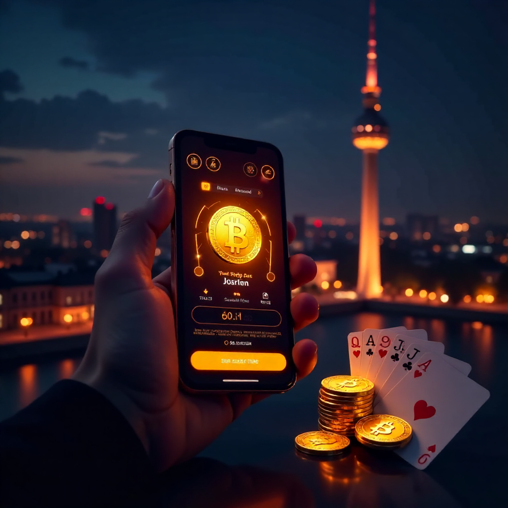 A hand holding a luxury smartphone displaying a high-tech Bitcoin poker app interface with glowing orange and gold accents, background is the Berlin skyline with the TV Tower (Fernsehturm) at night, 3D golden Bitcoin coins and a Royal Flush of playing car